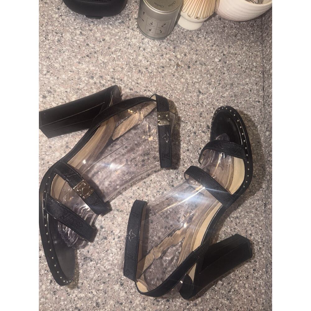 Louis Vuitton Strappy Monogram Satin Sparkle Leather Block Heel Sandals EU 39.5 - Picture 10 of 16
